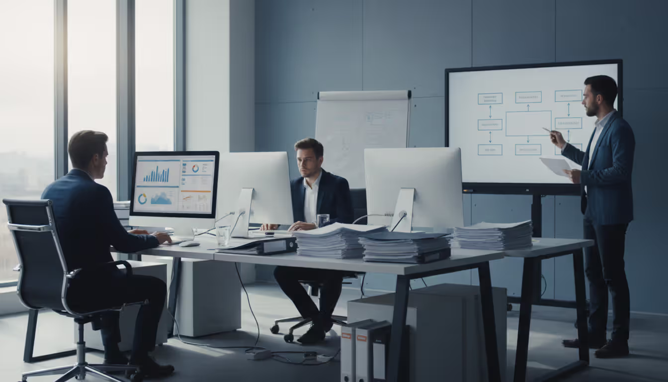Finance team working in modern open-space office reviewing charts on monitors while one person presents a business process flowchart on an interactive whiteboard