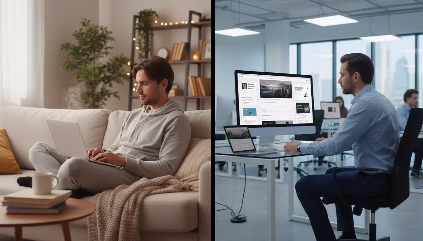 Split image comparing personal blog use at home versus commercial blog use with advertisements in office setting