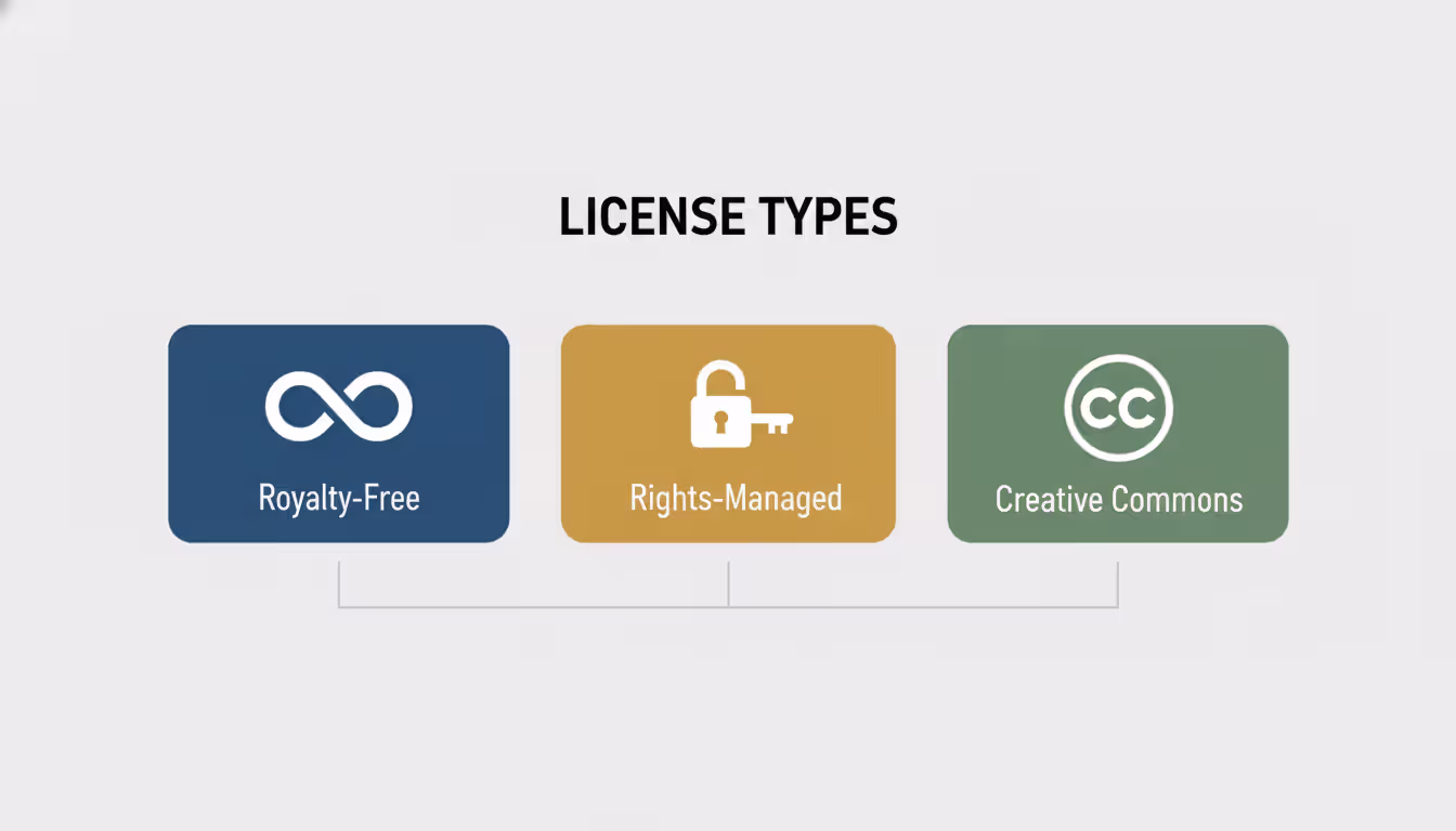 Infographic showing three license types — royalty-free with infinity symbol, rights-managed with lock icon, and Creative Commons logo — in minimalist style
