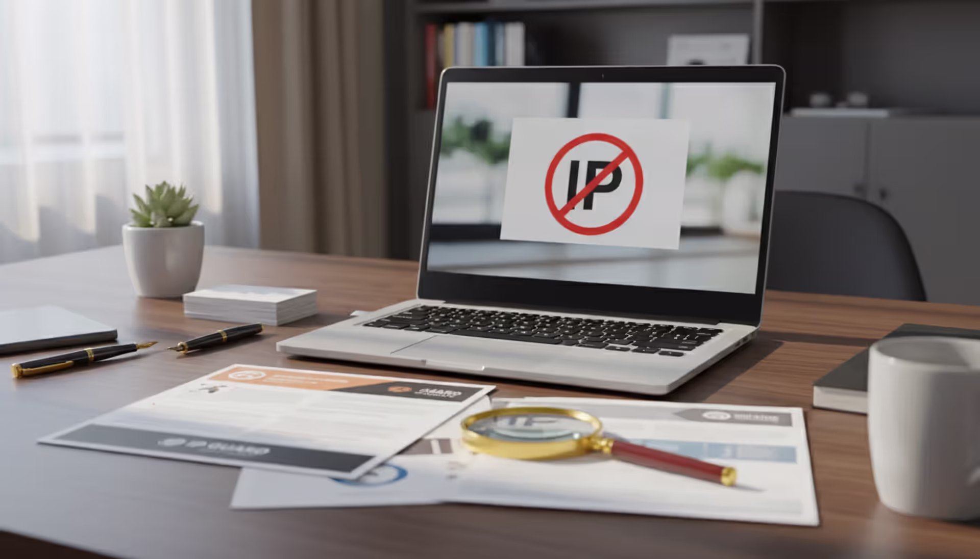 Entrepreneur desk with laptop showing copyright symbol, printed marketing flyers, and magnifying glass representing license verification
