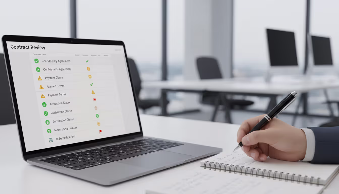 Laptop screen displaying AI contract review interface with green, yellow, and red risk indicators next to a lawyer taking notes
