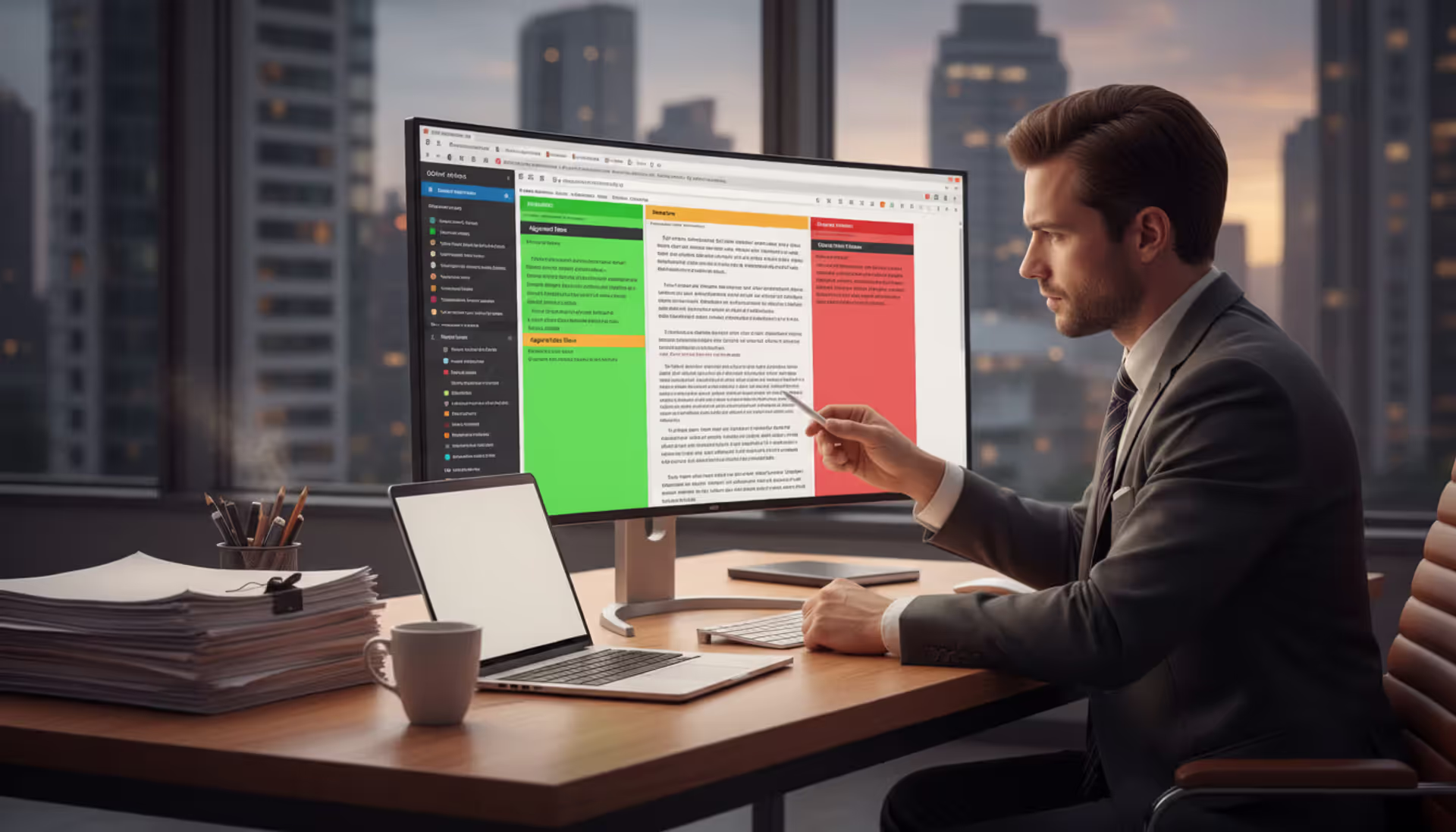 Lawyer in a modern office reviewing AI-powered contract analysis on a large monitor with color-coded clause highlights