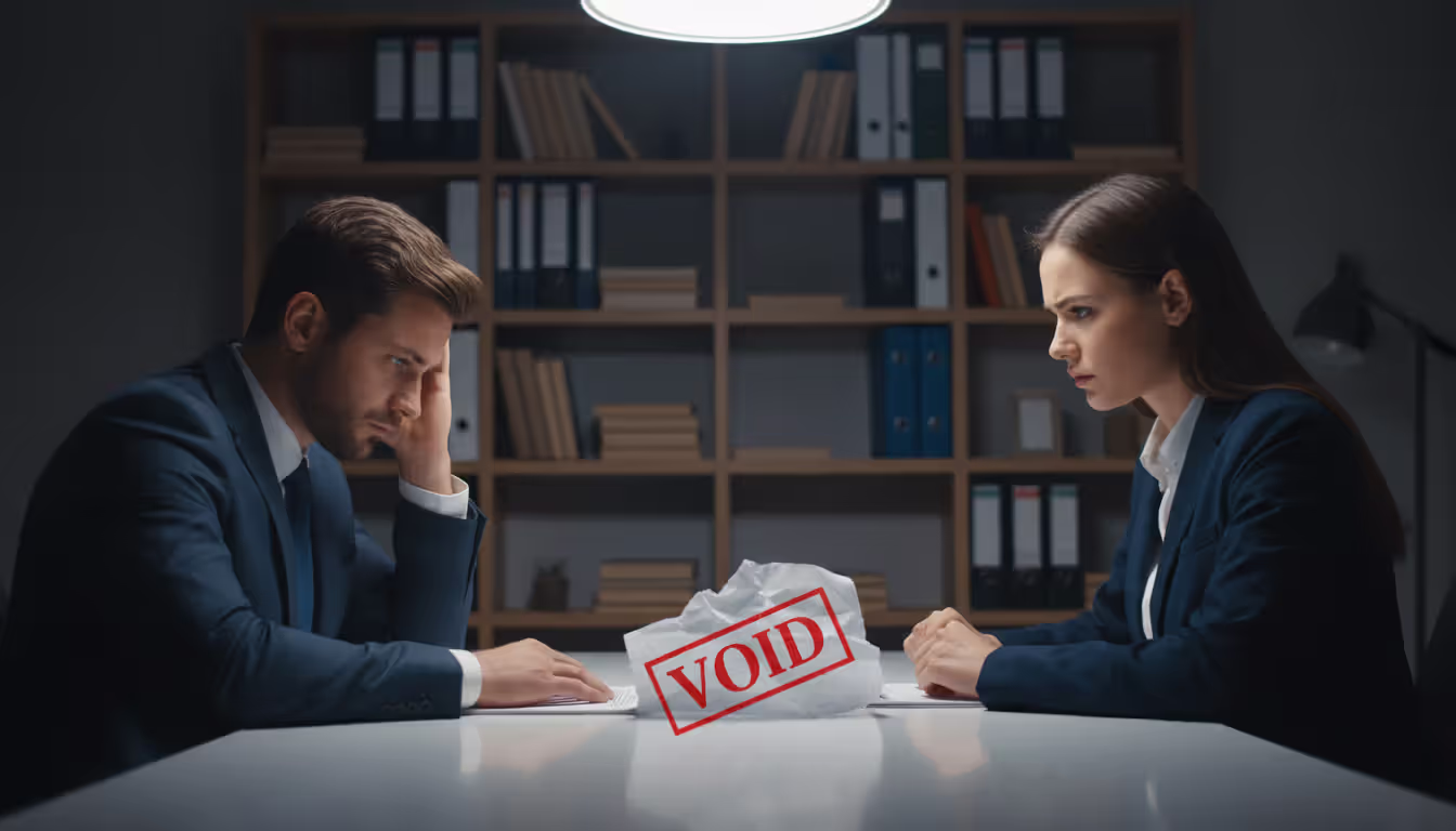 Two stressed business partners sitting across a table in a meeting room with a voided contract between them, tense atmosphere with dim lighting