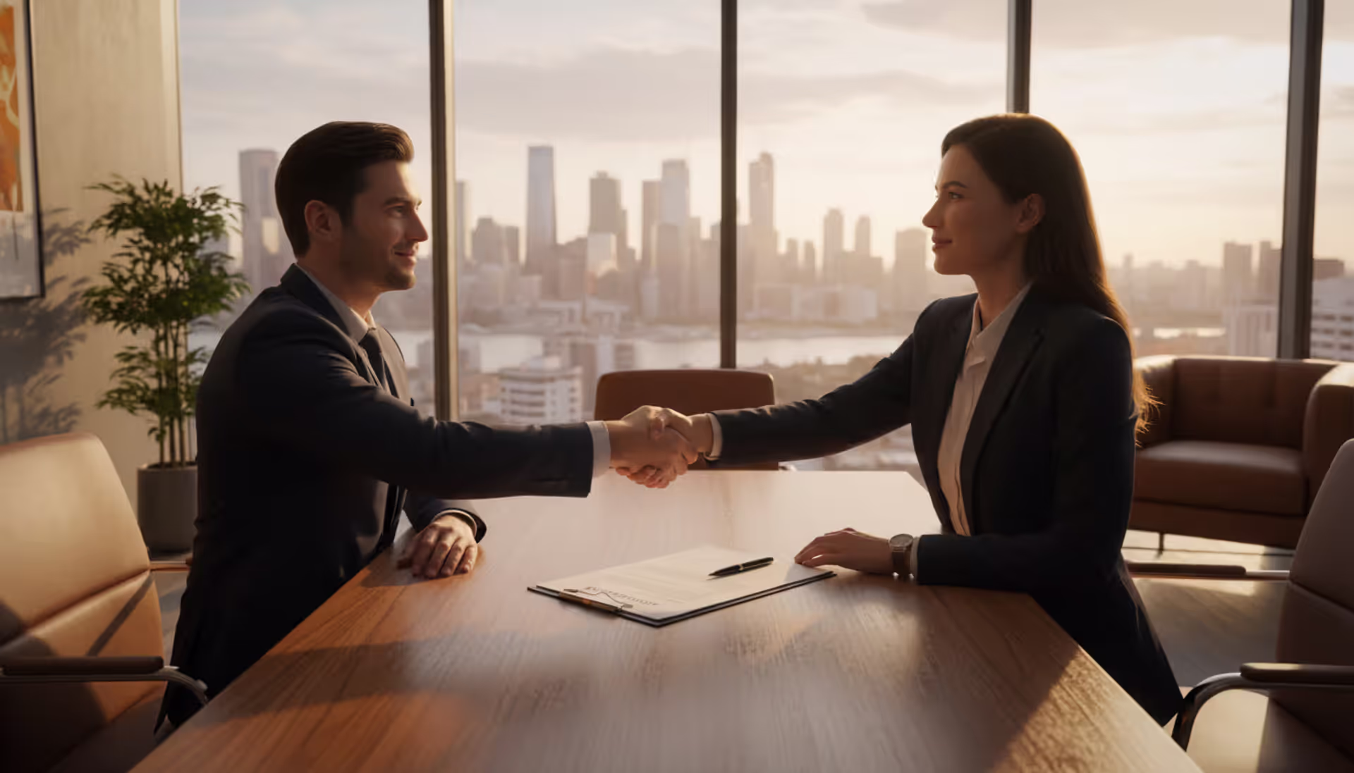 Two business partners shaking hands over an open contract on a desk in a modern office with a city skyline view through panoramic windows