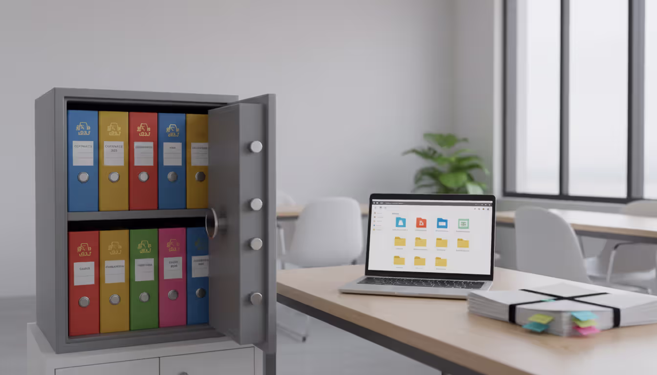 Organized document storage system with a fireproof safe containing legal folders and a laptop showing cloud storage interface