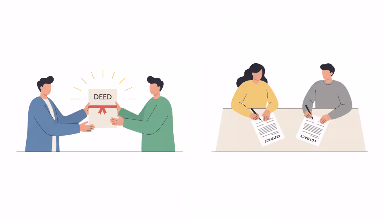 Split illustration comparing deed delivery between two people and mutual contract signing by two parties at a table