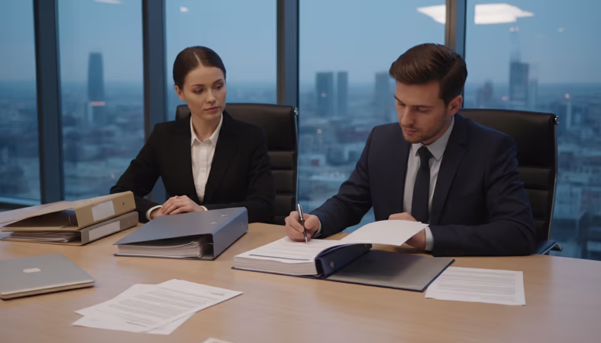 Two business professionals in a modern office preparing to sign a legal contract document at a conference table