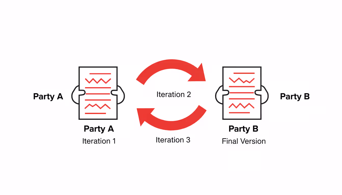 Infographic showing the step-by-step contract redline exchange cycle between two negotiating parties