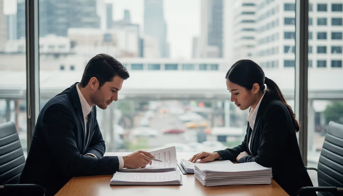 Two business professionals reviewing redlined contract documents during a negotiation meeting in a modern conference room