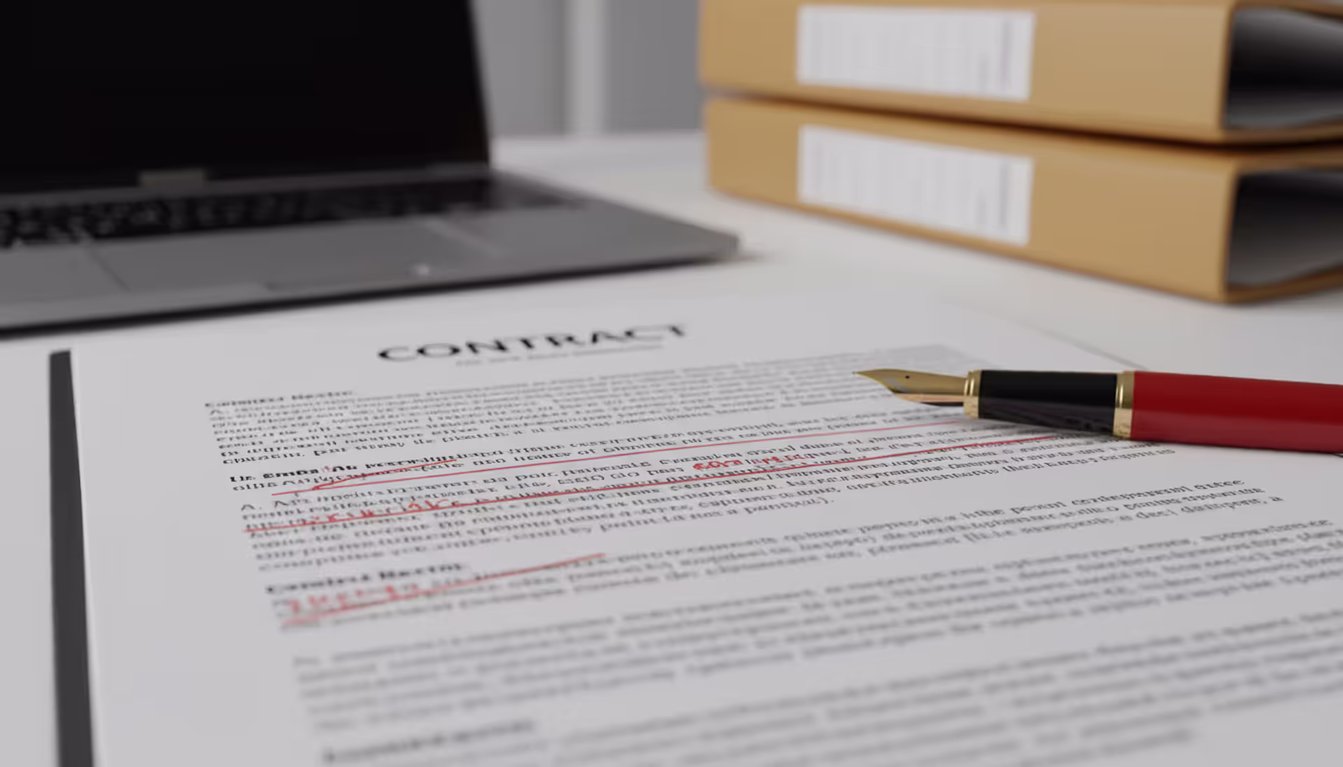 Lawyer's desk with a printed contract showing red ink redline markups and a red pen nearby