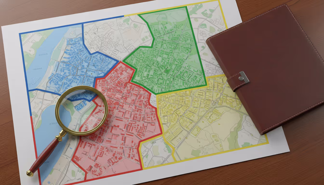 Top-down view of a city map with highlighted colored zones representing exclusive franchise territories with a magnifying glass nearby
