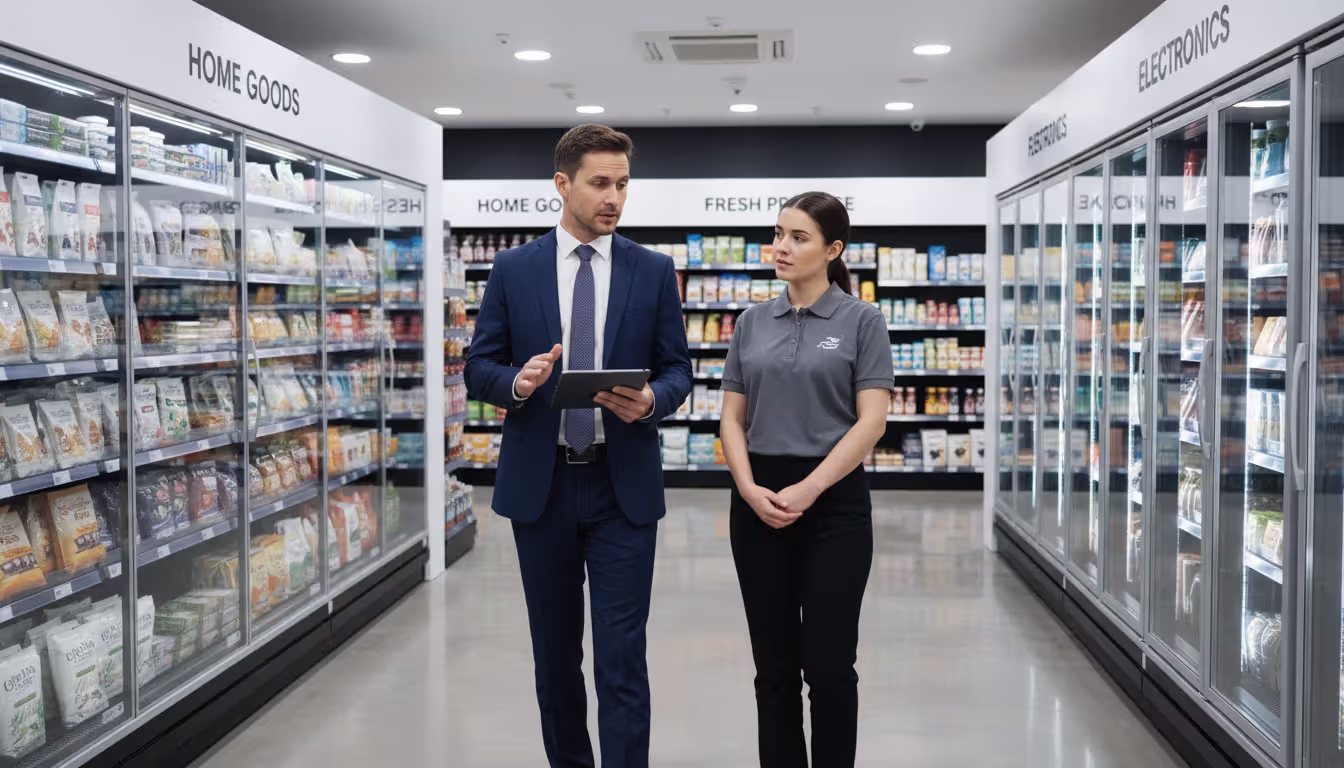 Franchisor in a business suit inspecting a clean franchise retail store while holding a tablet with a franchise employee standing nearby