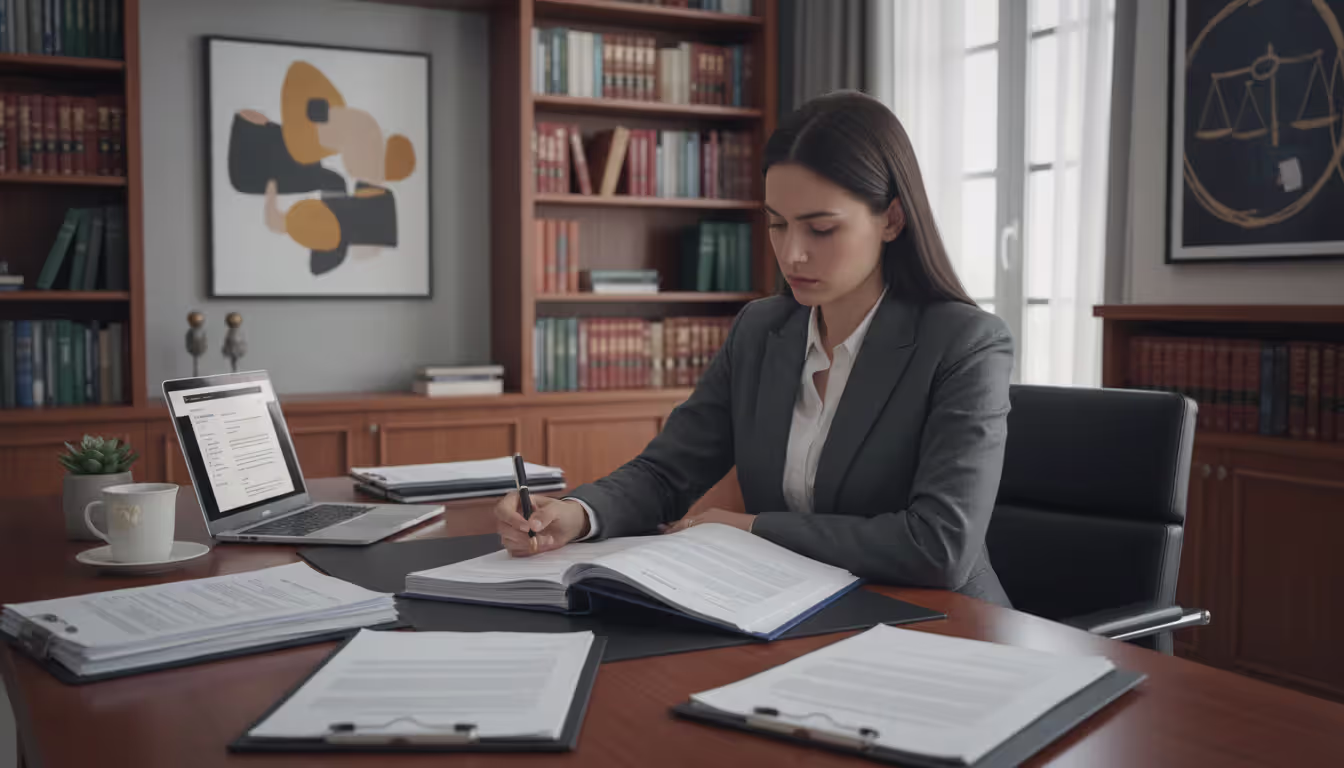 Female attorney in a business suit carefully reviewing a thick contract document with a pen at her office desk with stacks of papers and a laptop