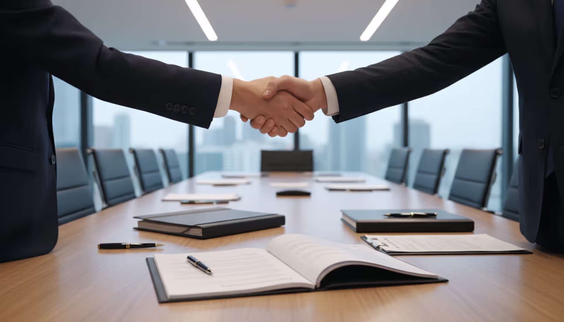 Two business professionals shaking hands over an open franchise contract document on a conference table in a modern office