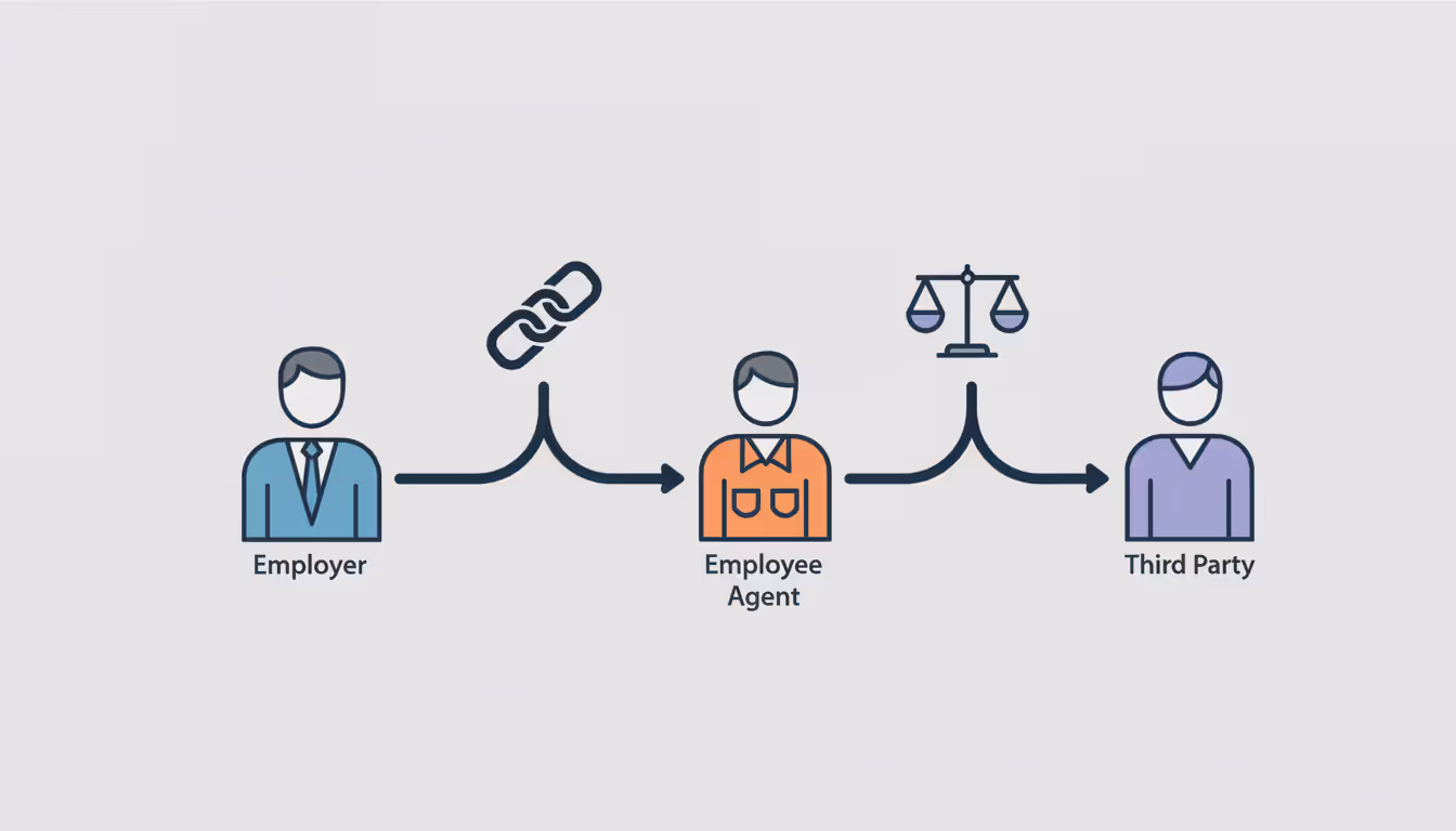 Flat design illustration showing the chain of vicarious liability from principal to agent to third party, with legal symbols such as justice scales connecting the figures
