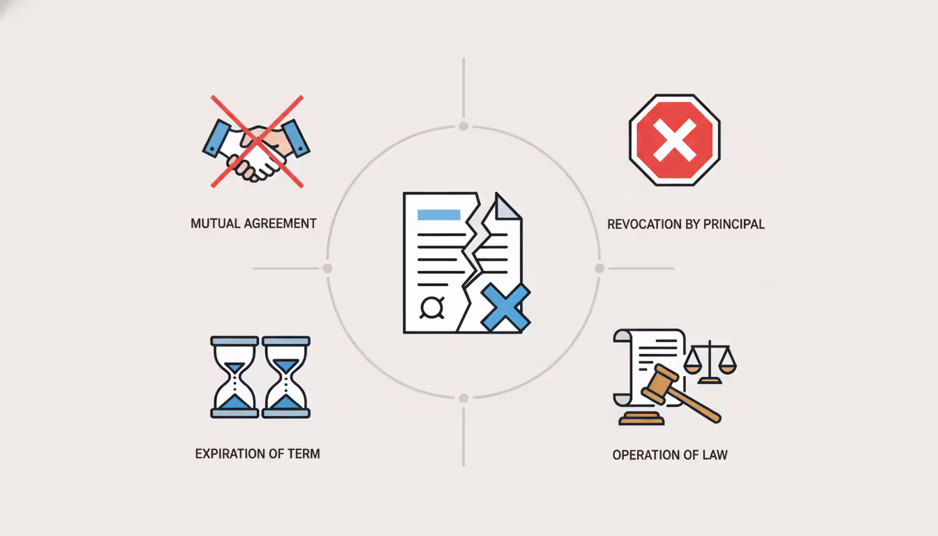 Business infographic illustrating ways agency relationships terminate: torn contract in the center surrounded by icons representing mutual agreement, revocation, expiration, and termination by operation of law