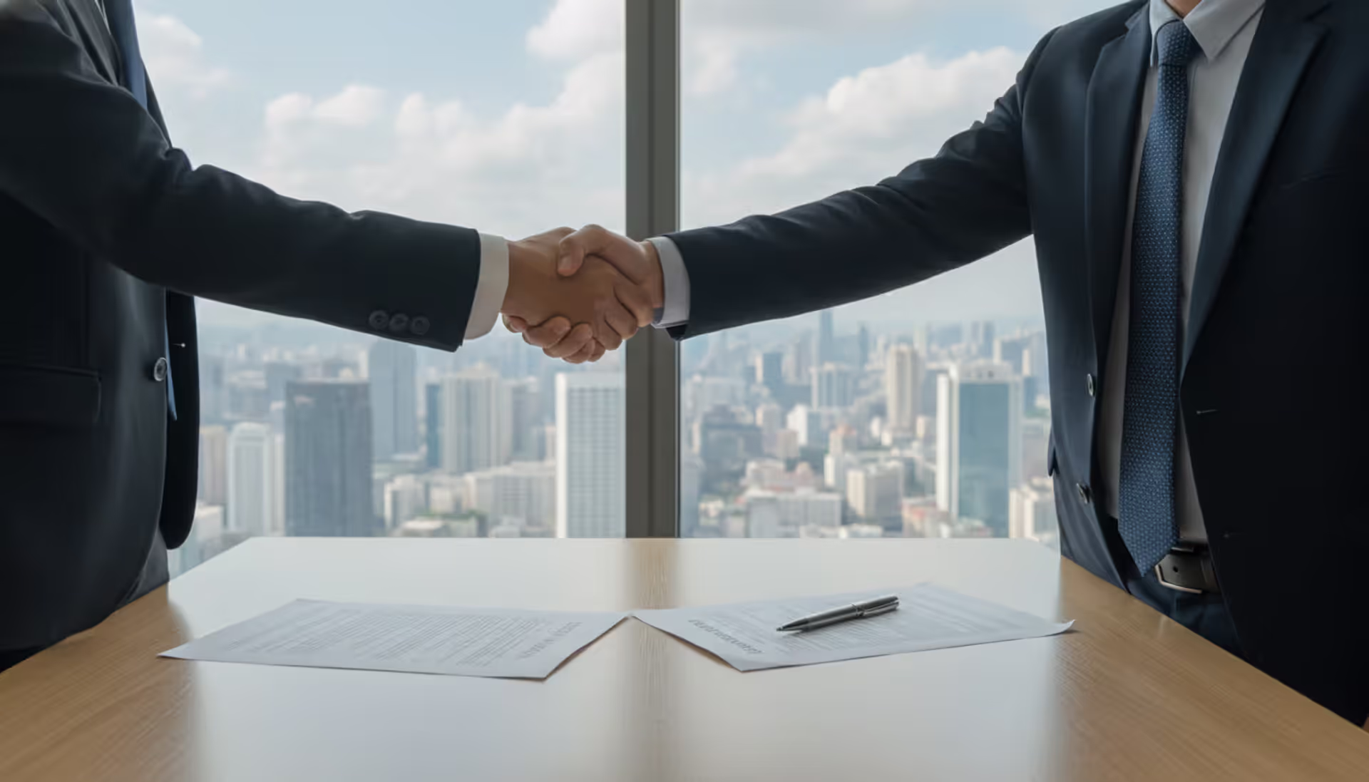 Two business professionals shaking hands across a conference table in a modern office, symbolizing an agency agreement, with city skyline visible through panoramic windows