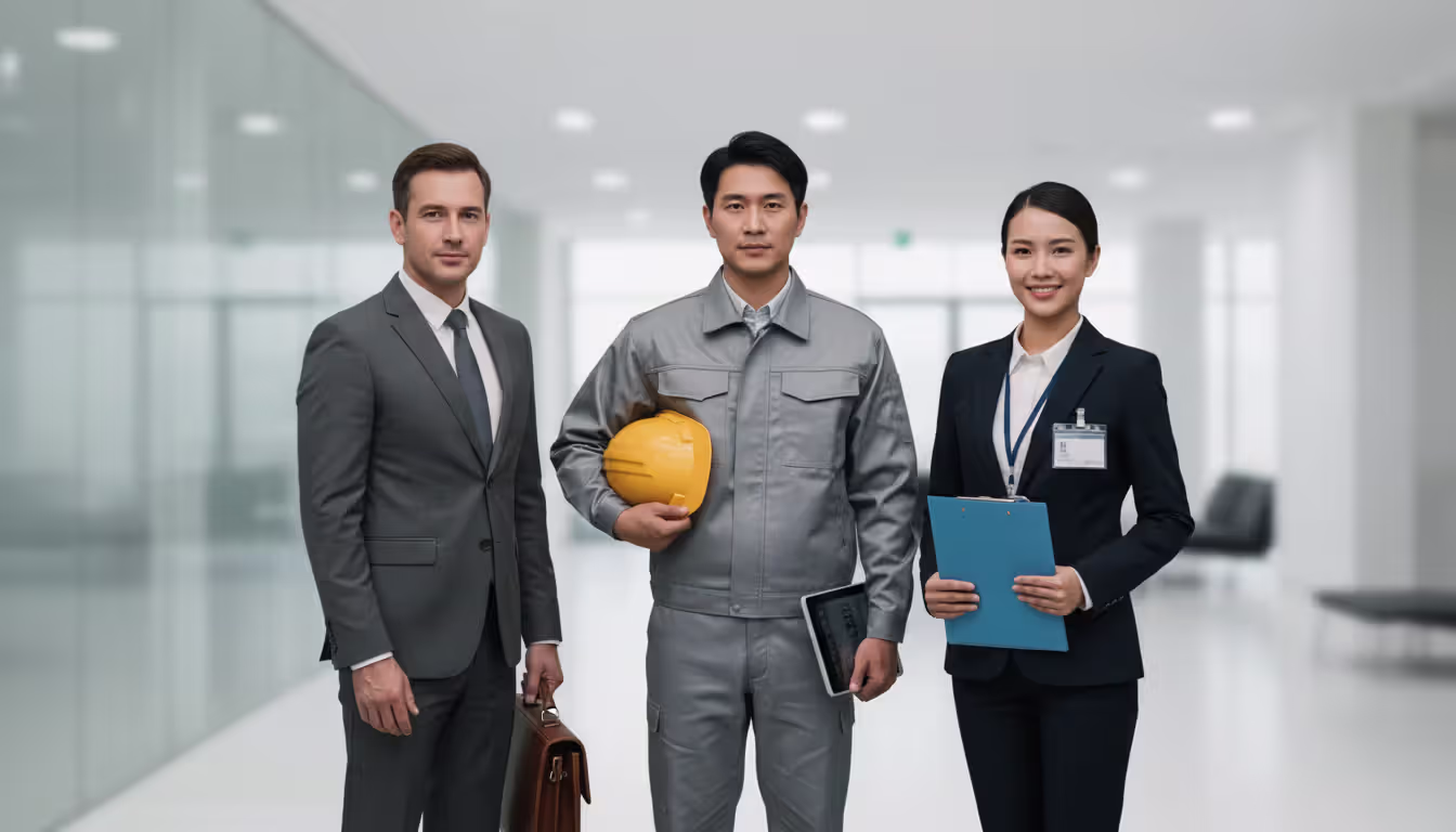 Three professionals standing side by side representing an executive, an engineer, and a sales manager in a corporate setting