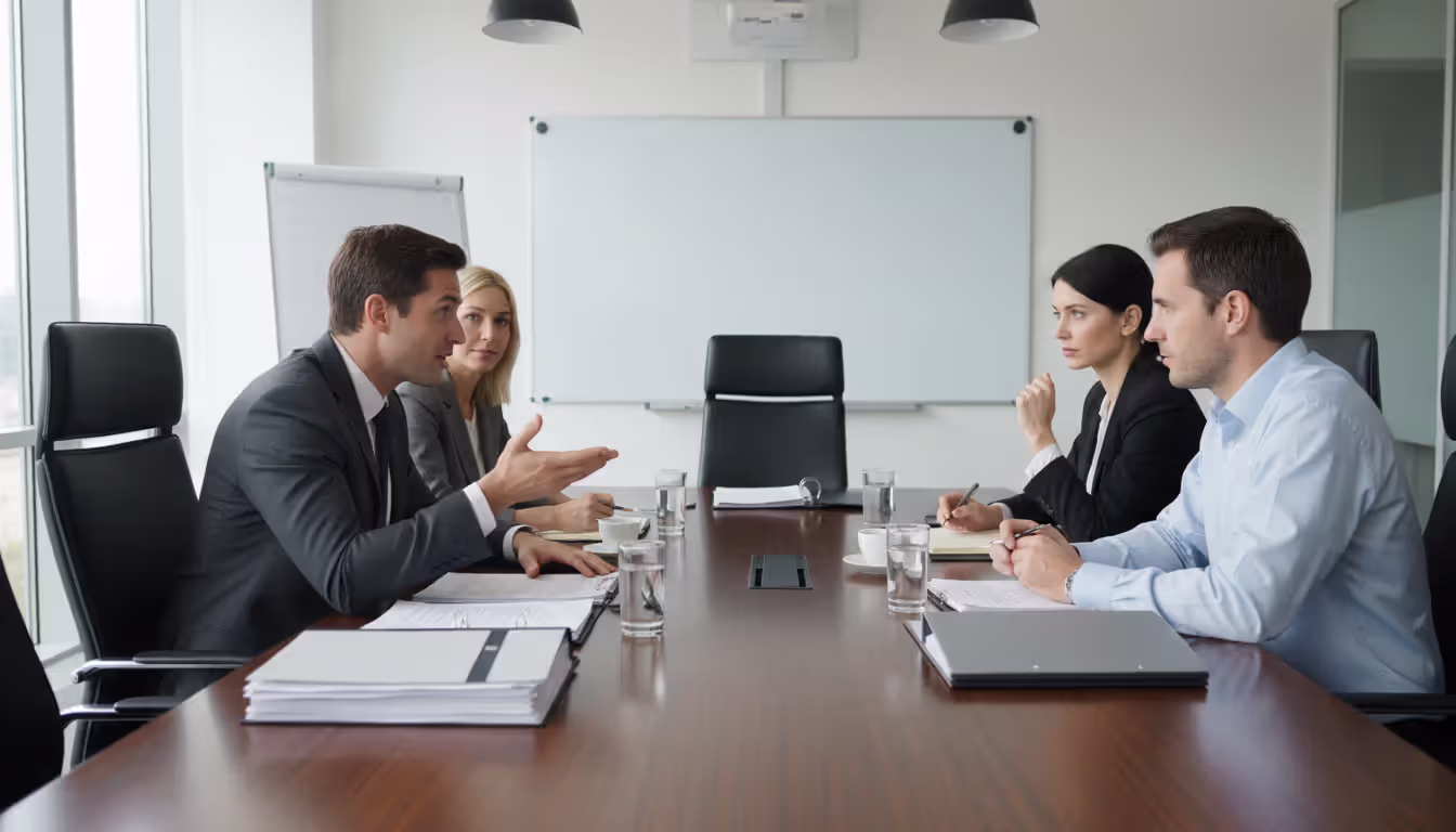 Four professionals in a corporate conference room actively negotiating deal terms across a long table with documents