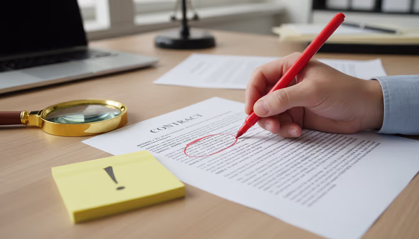 Close-up of a hand circling a clause in a printed contract with a red marker next to a magnifying glass and sticky note with exclamation mark