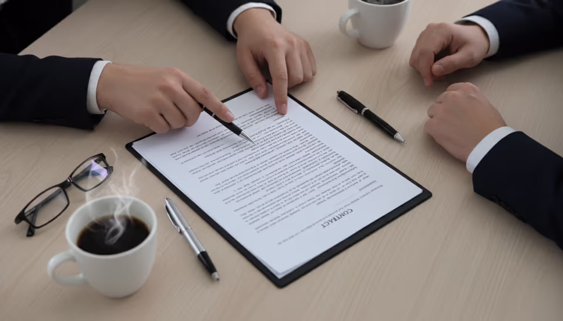 Two business professionals reviewing a printed purchase and sale agreement contract on an office desk with pens and coffee cups