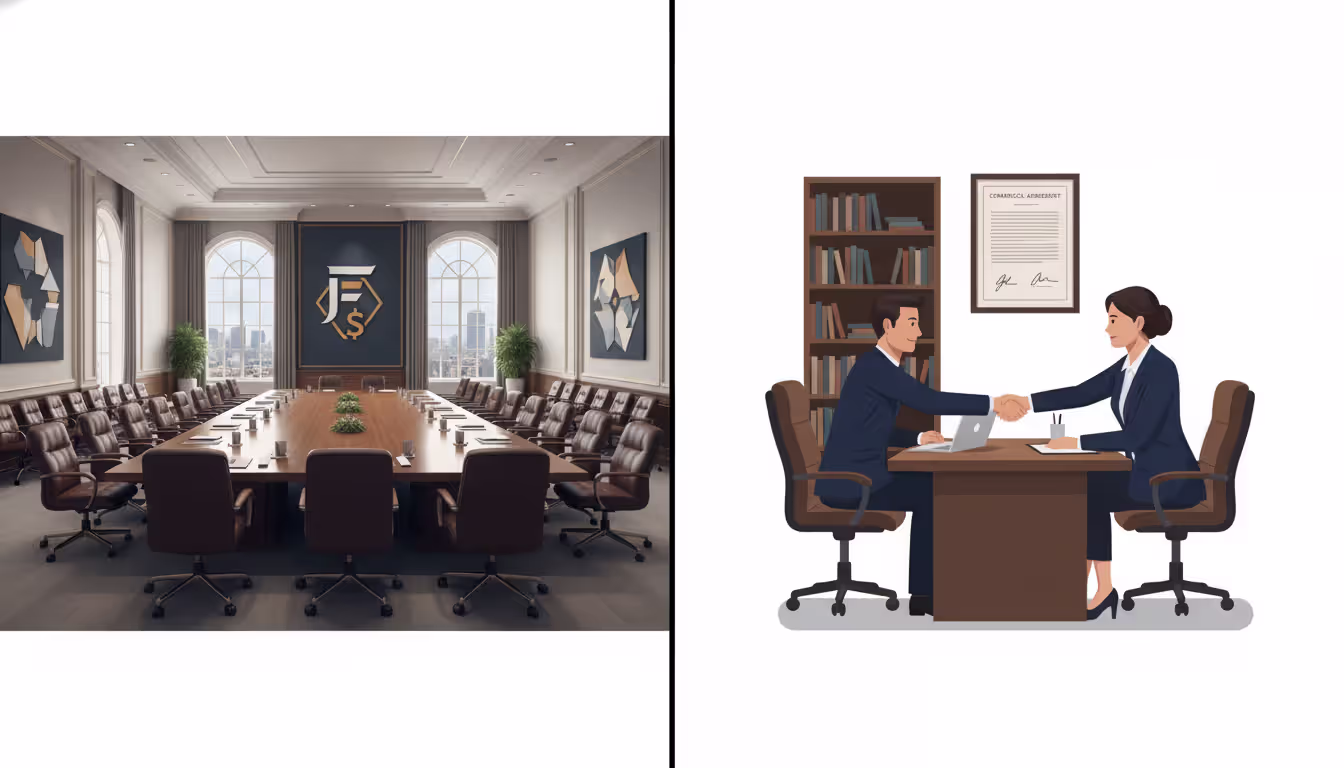 Split image comparing large boardroom with many chairs representing fund investors on left and small office meeting between two people representing commercial contract on right