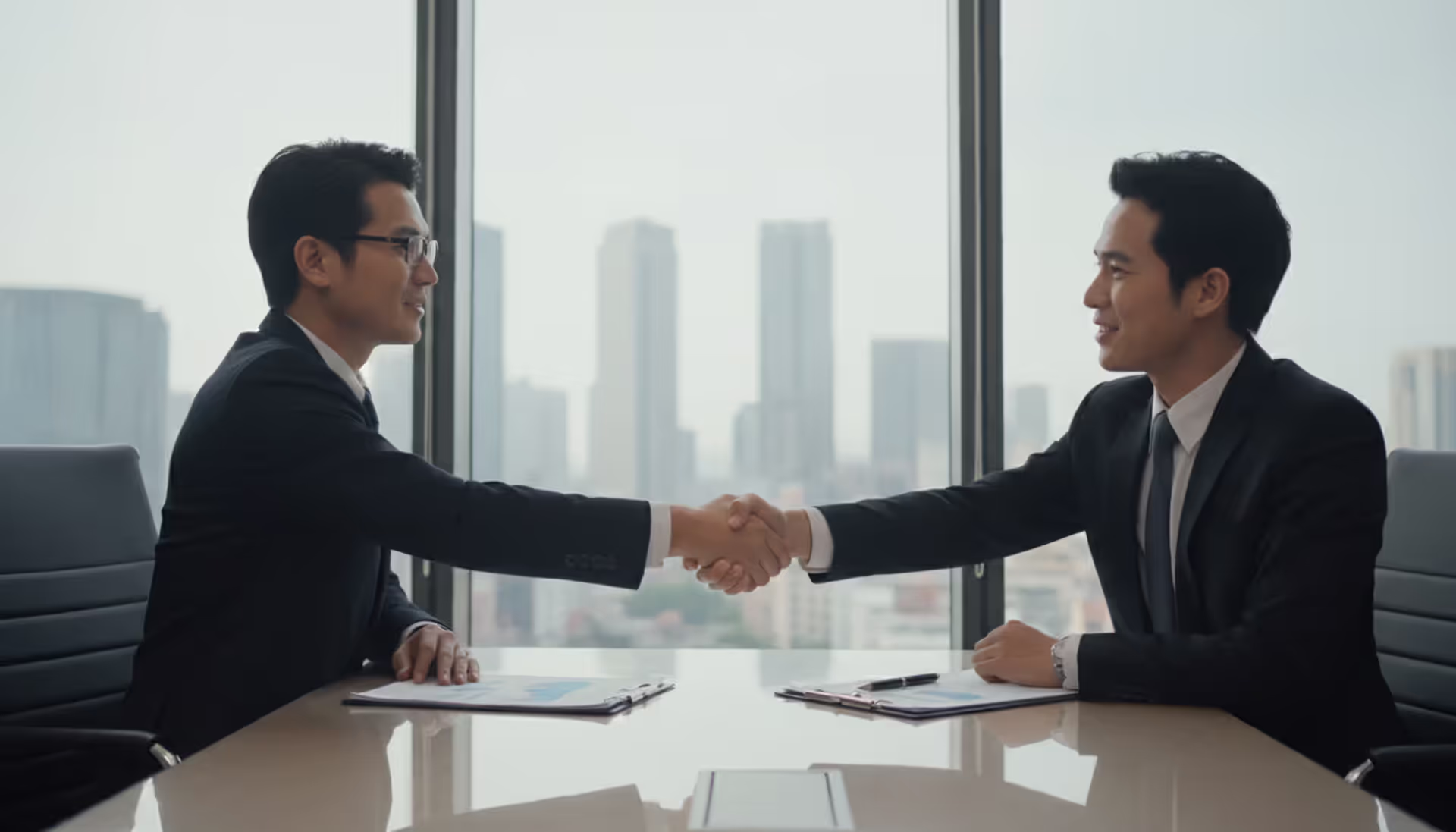 Two businessmen in suits shaking hands over documents at a modern glass office conference table with city skyline view