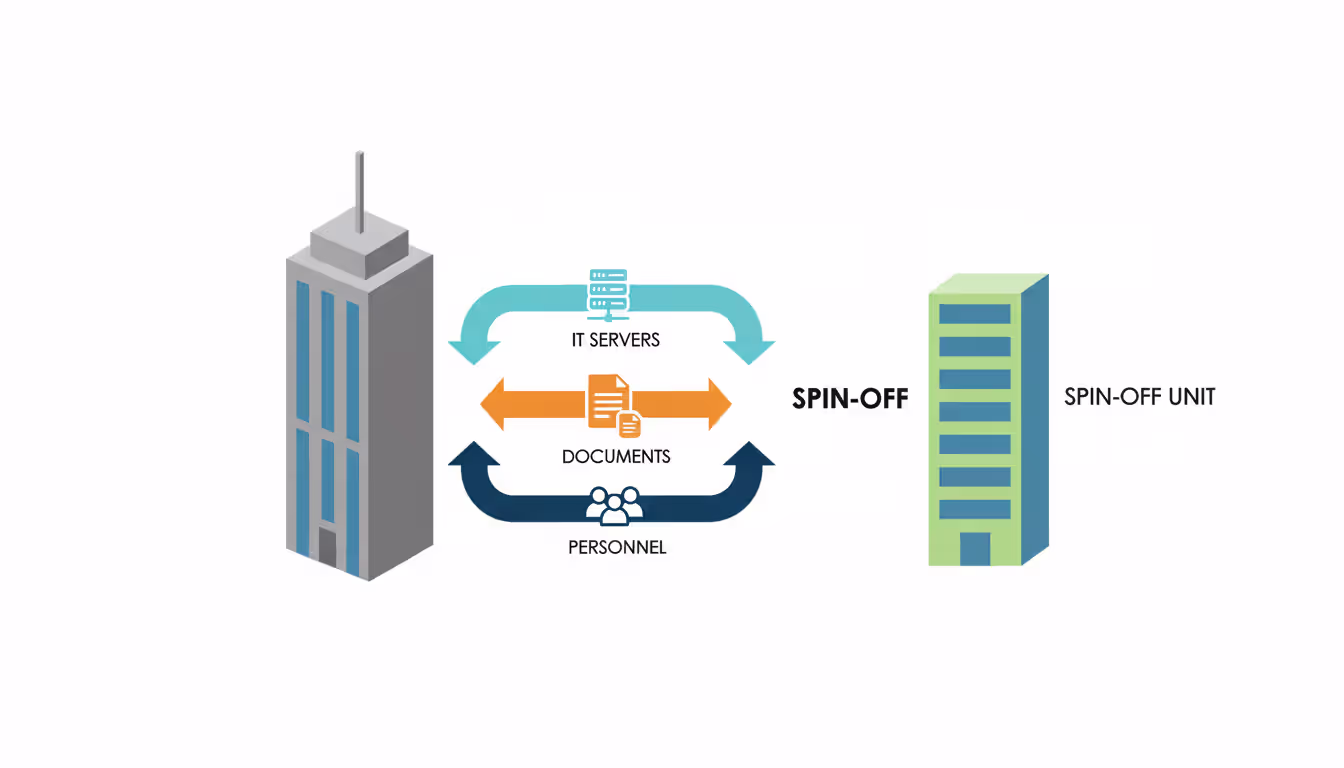 Infographic showing a corporate carve-out with shared resources like IT servers, documents, and personnel flowing between parent company and divested division