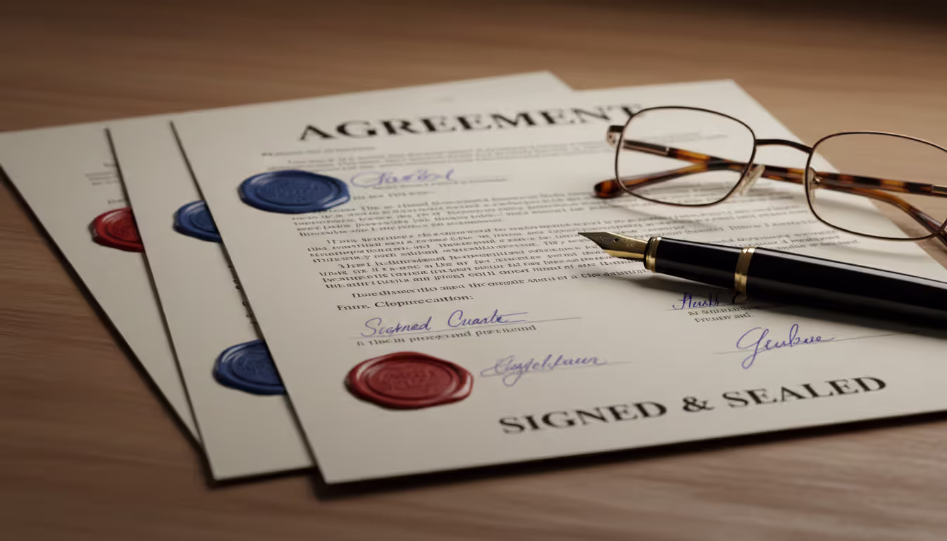 Close-up of signed business contracts with a fountain pen and glasses on a professional desk