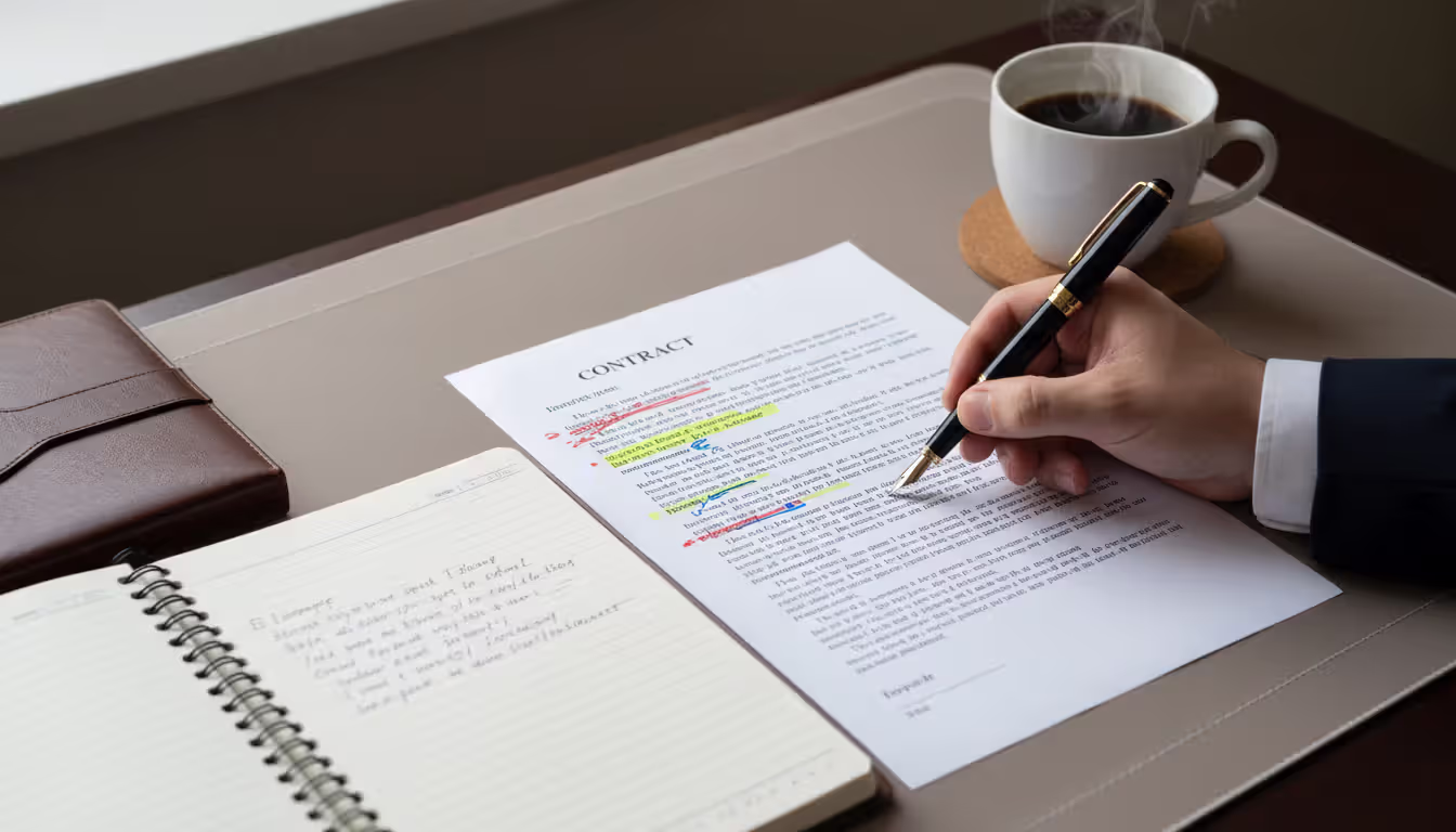 Hand marking up a printed contract with a pen, with a coffee cup and notebook nearby, top-down view