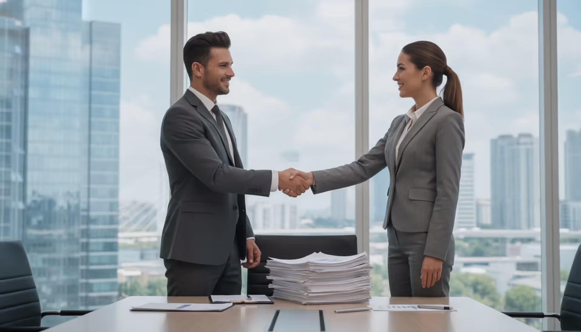 Two business professionals shaking hands over a conference table with contract documents in a modern office