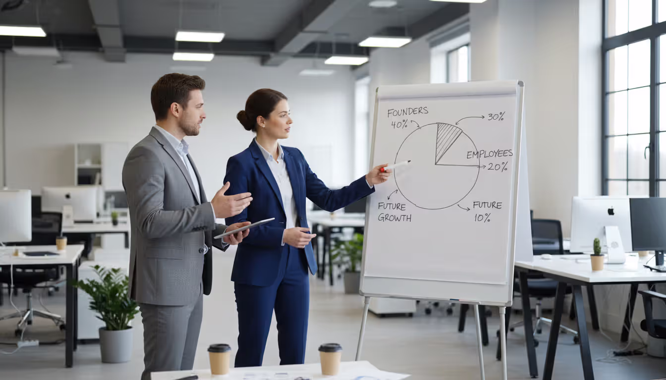 Three business people discussing ownership percentage structure near a whiteboard in an open office
