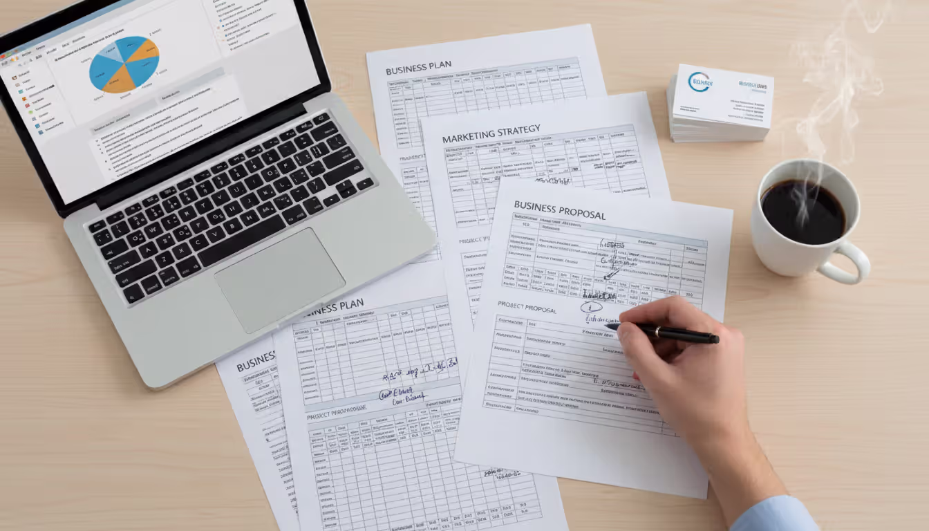 Top-down view of entrepreneur workspace with printed document templates, laptop, coffee cup, and hand making notes with a pen