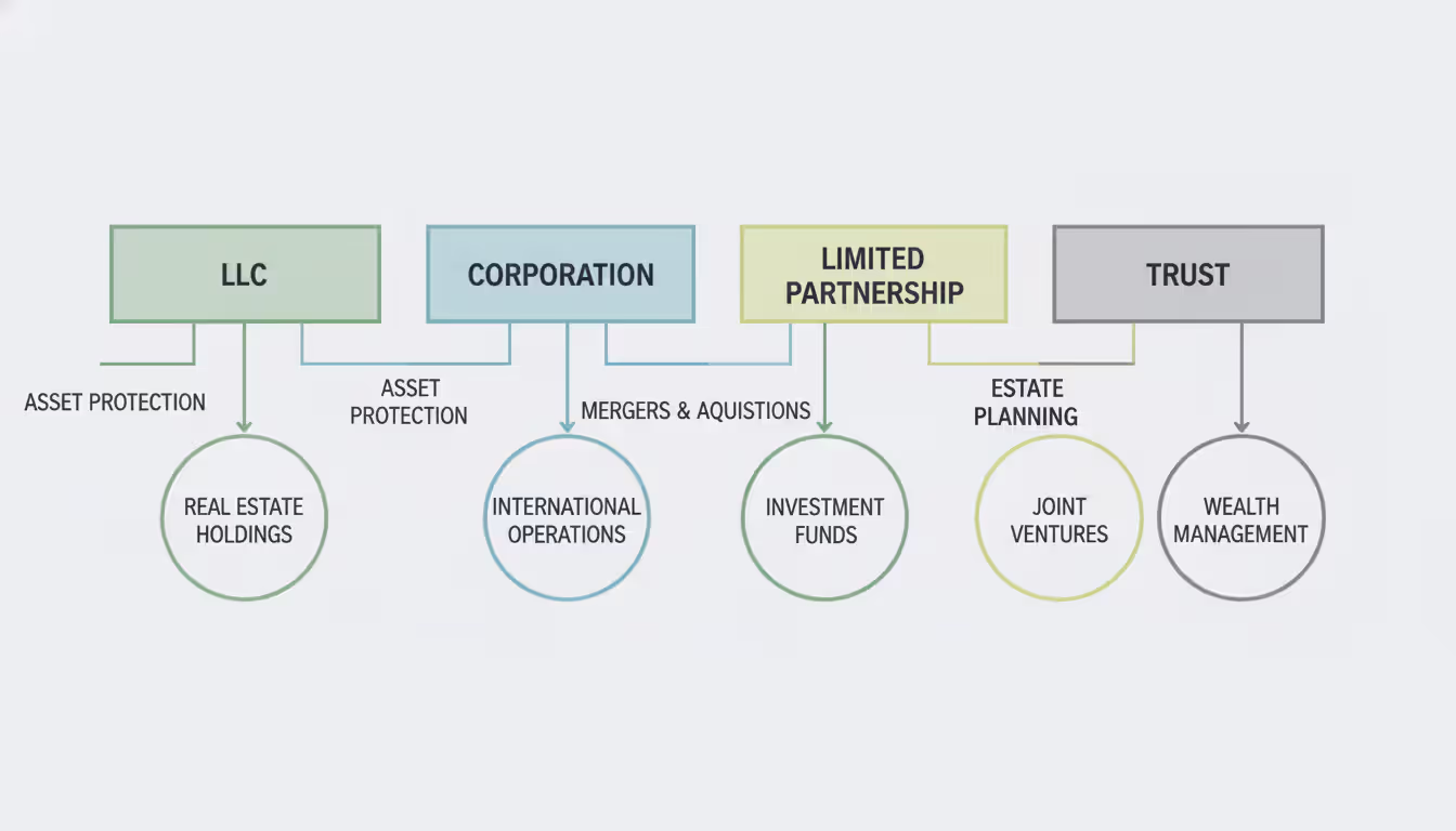 Infographic showing different legal forms of shell companies including LLC corporation limited partnership and trust with their typical business functions