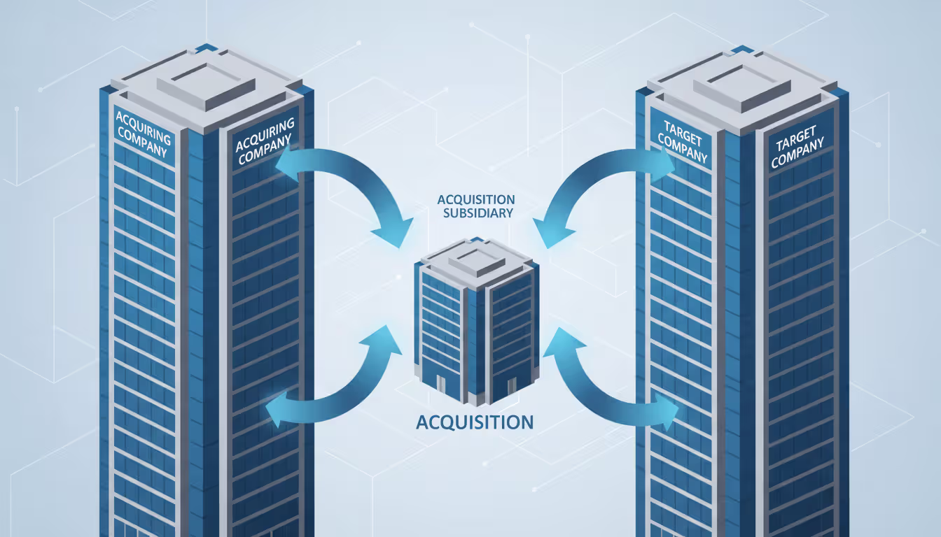 Business illustration of corporate acquisition process showing two office towers connected through a smaller intermediary building representing an acquisition subsidiary