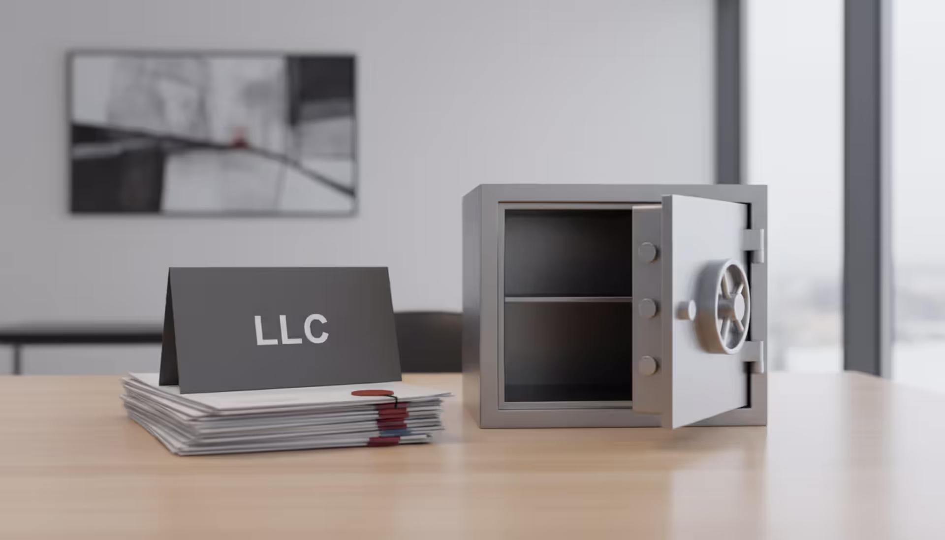 Corporate documents and folders on a modern office desk next to an open metal safe symbolizing shell company duality