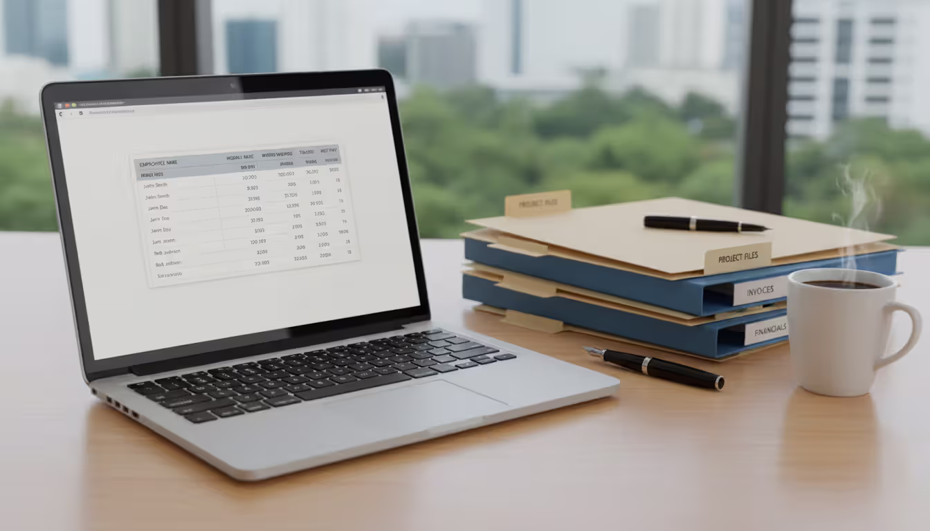 Entrepreneur's desk with laptop showing payroll software interface, folders, pen, and coffee cup