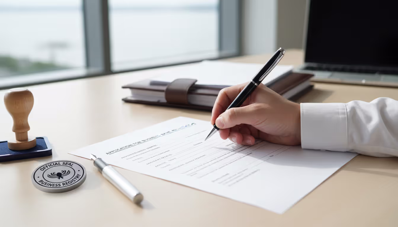 Person filling out an official business name registration form at a clean desk with a stamp and pen nearby
