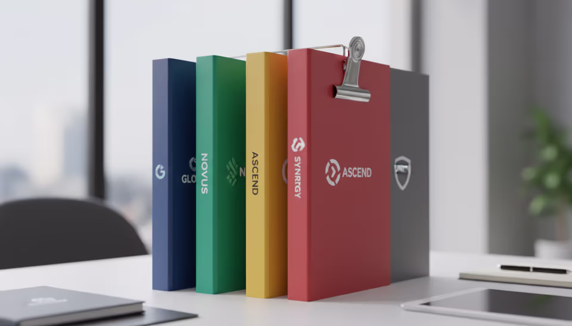 Multiple branded business folders held together by one clip on a modern office desk