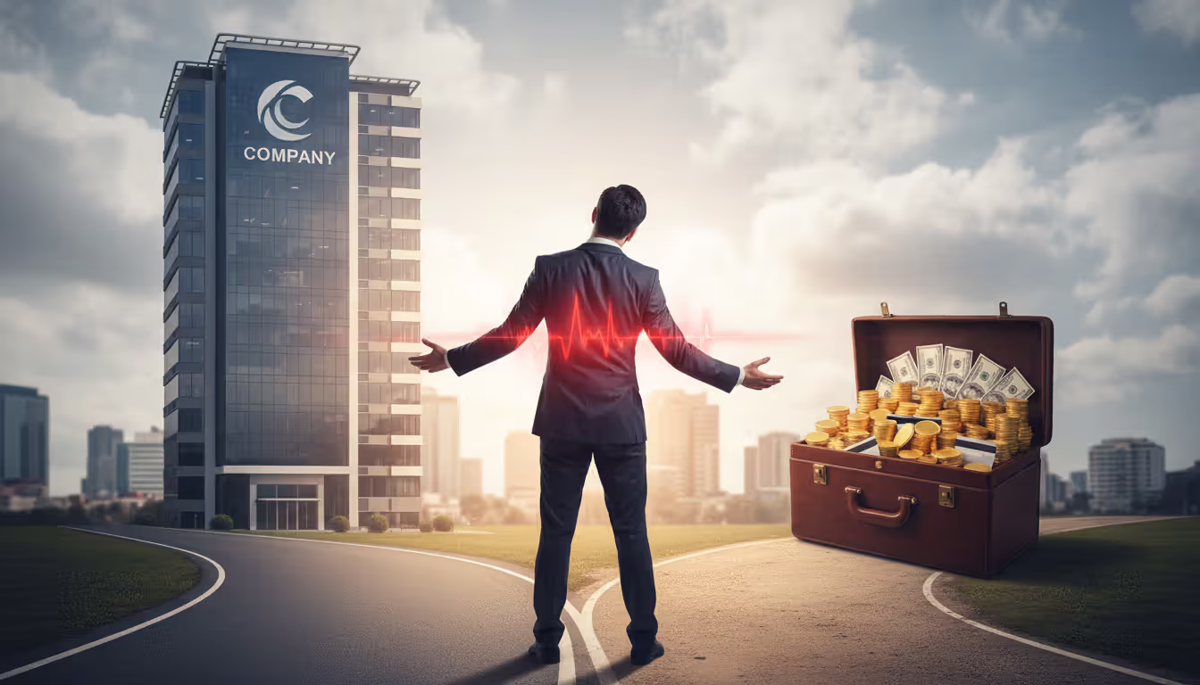 Business person standing at crossroads choosing between corporate interests and personal gain