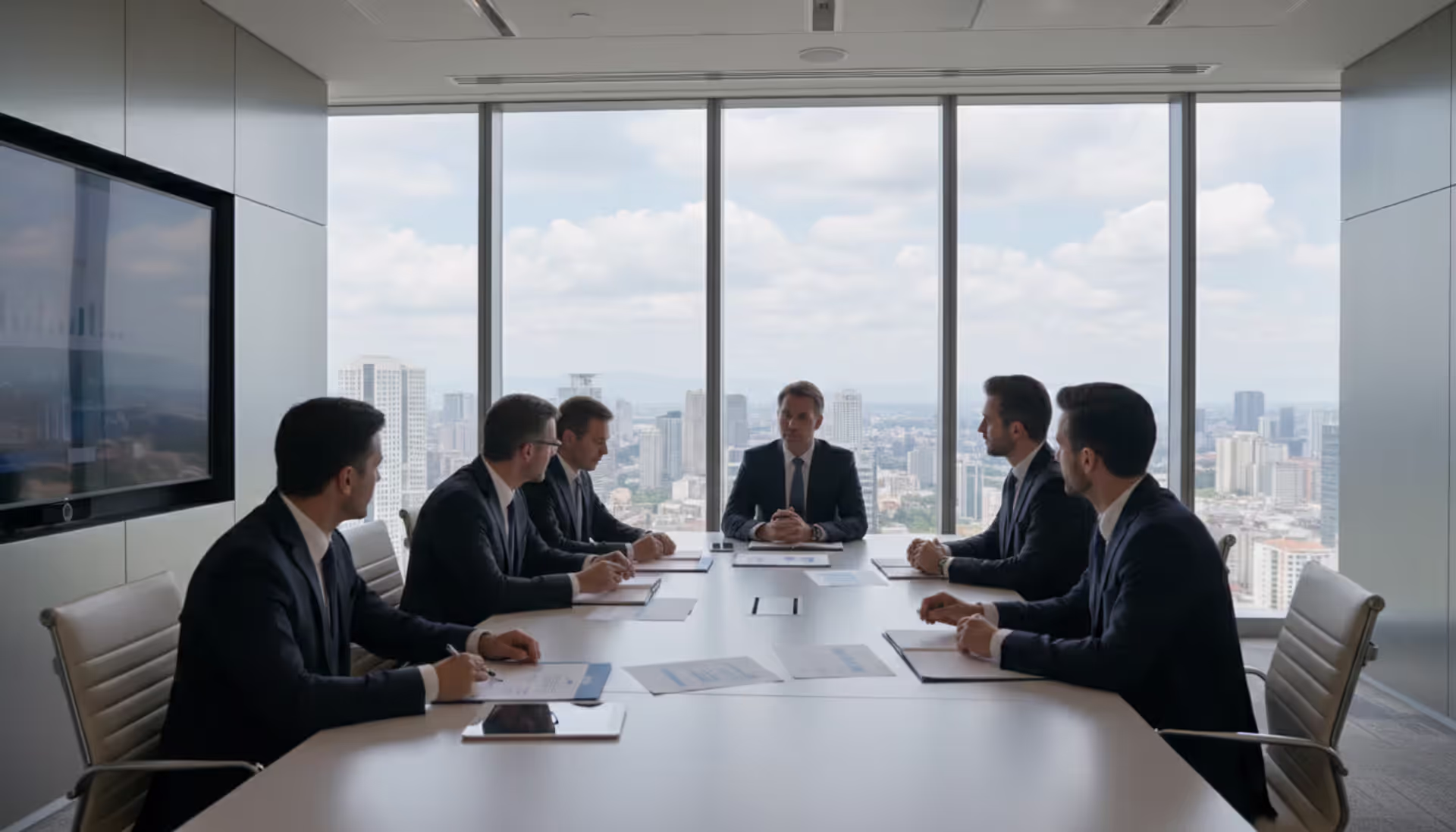 Corporate board of directors meeting in a modern boardroom with panoramic windows