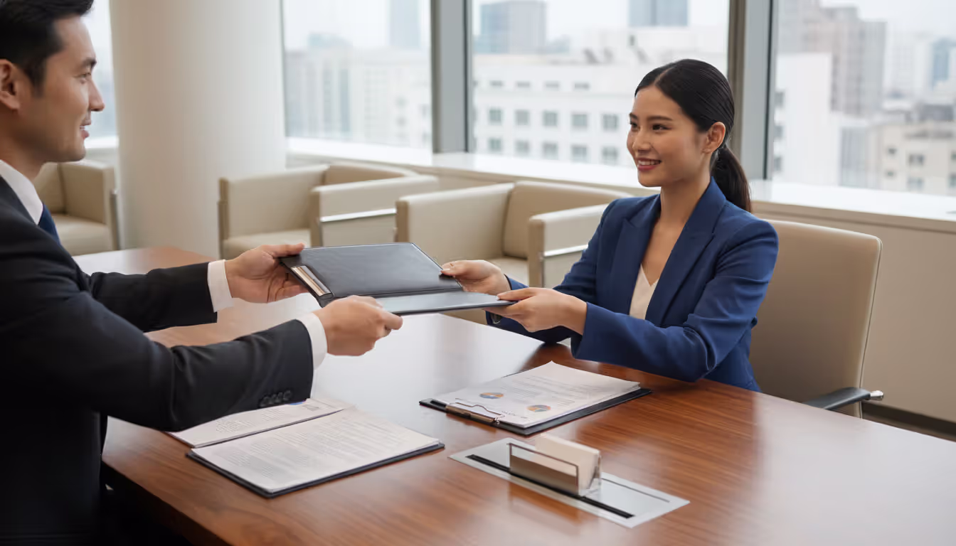 Business owner handing folder with formation documents to bank employee at office desk during account opening meeting