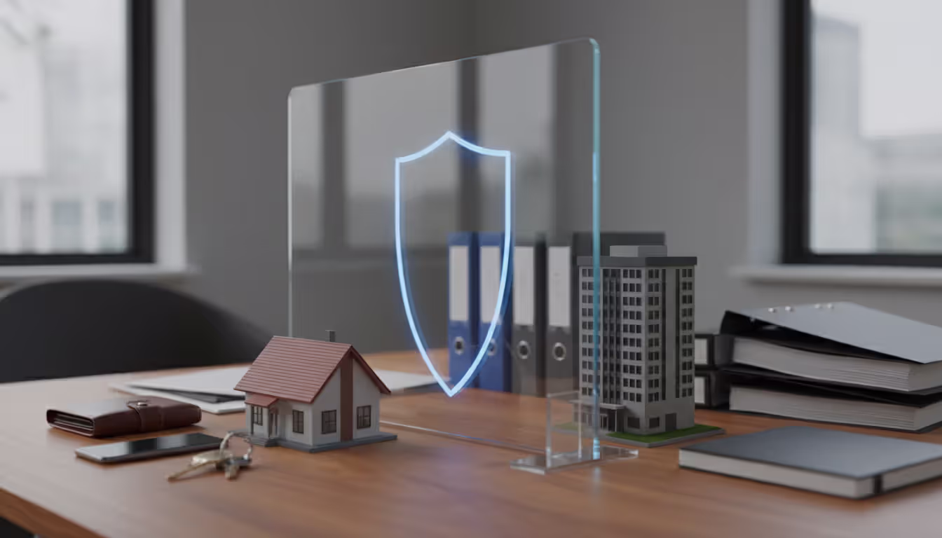 Miniature house and office building separated by transparent shield wall symbolizing personal asset protection from business liability