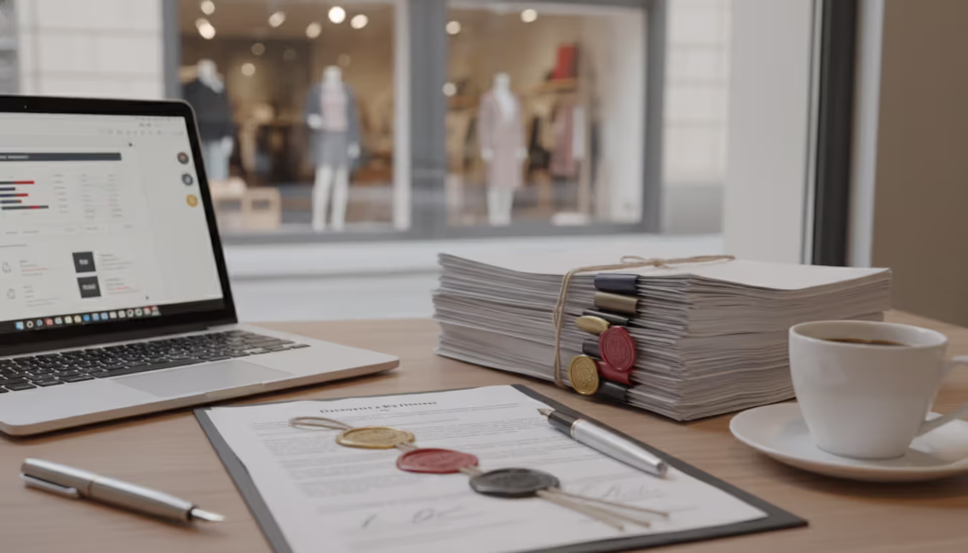 Entrepreneur workspace with laptop, official documents, pen and coffee cup, small business storefront in background