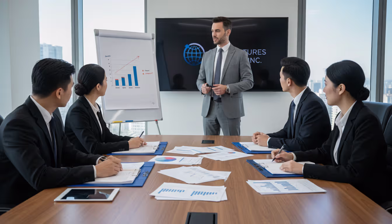 Corporate board meeting in a conference room with business professionals discussing documents