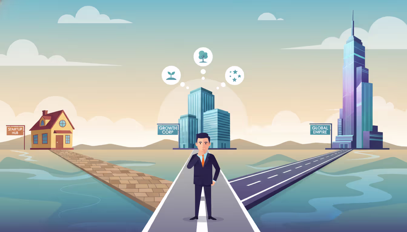 Entrepreneur standing at a crossroads with paths leading to buildings of different sizes symbolizing business structure choices