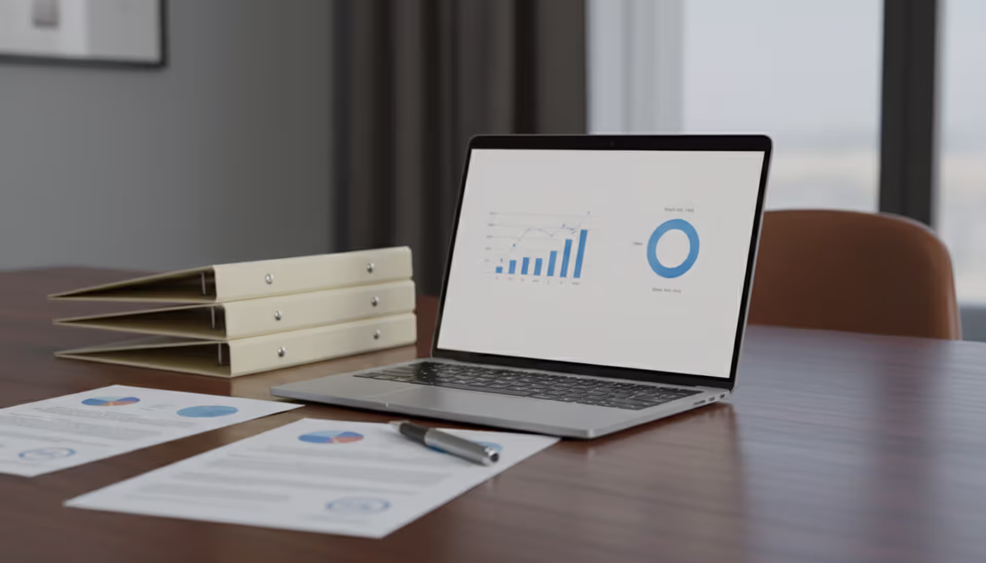 Entrepreneur desk with legal documents, laptop, and folders in a professional office setting