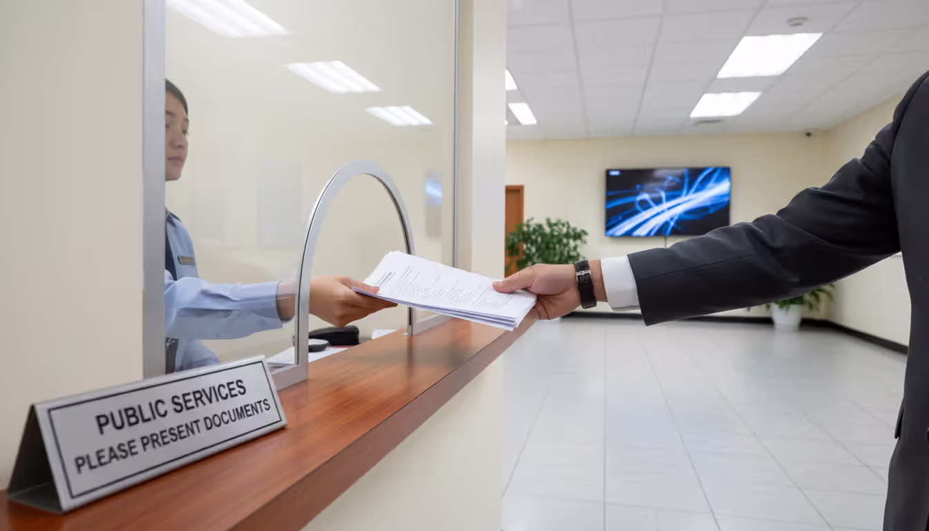 Person submitting business formation documents at a government office counter
