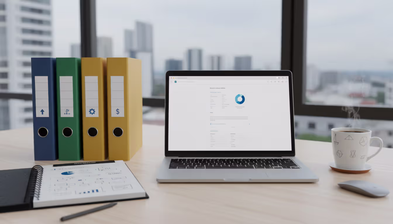 Organized entrepreneur workspace with laptop, labeled folders, and notebook