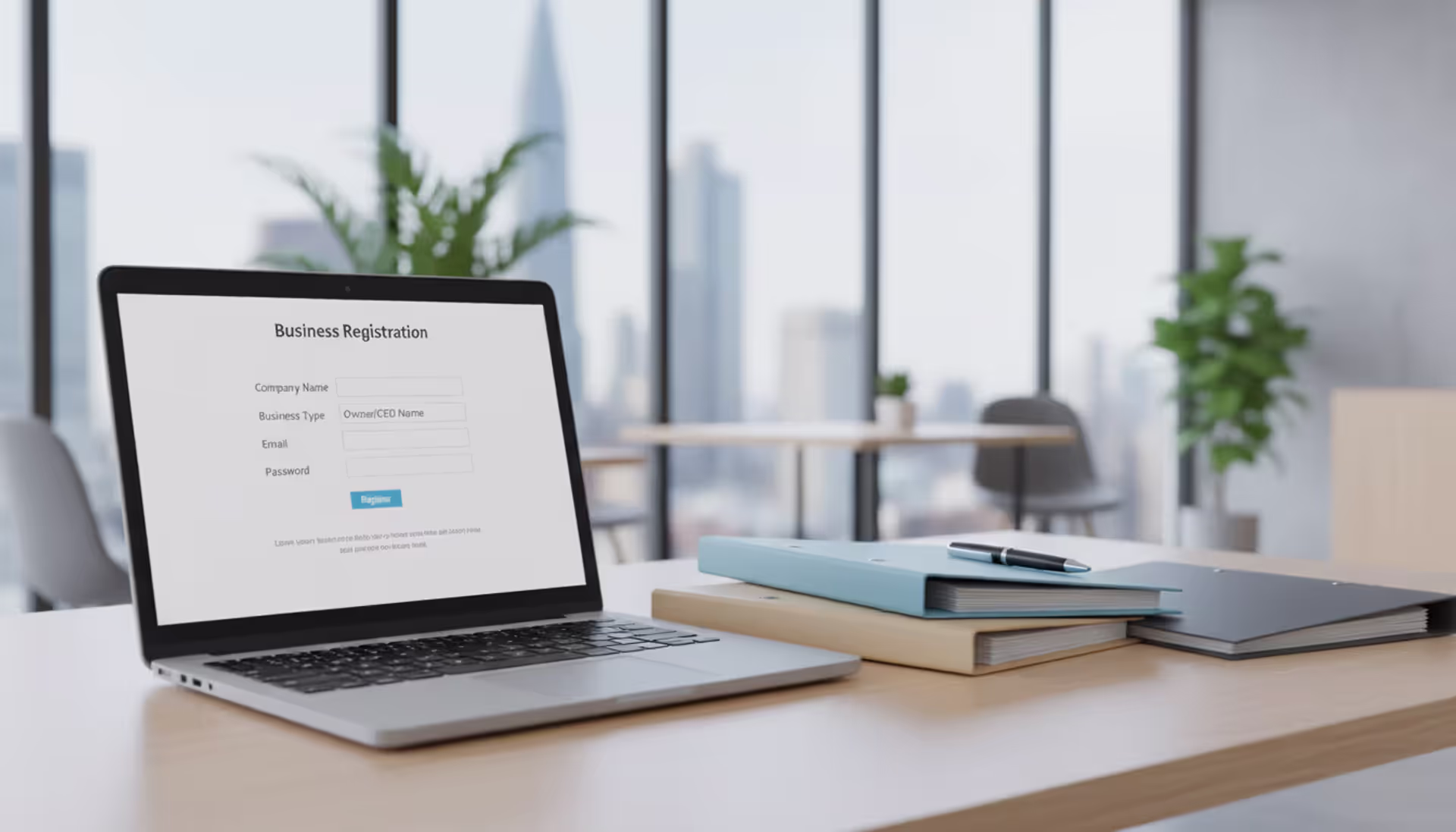 Laptop showing online business registration form on a desk with document folders